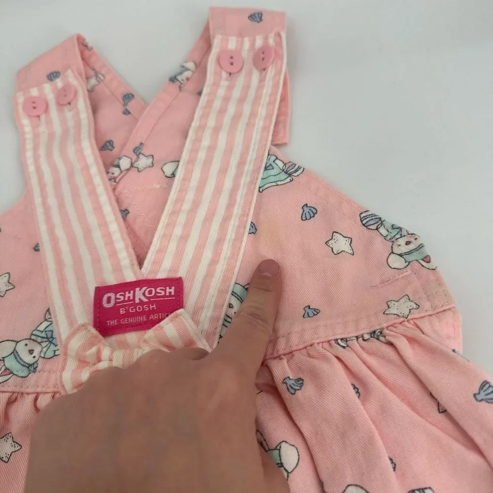 VINTAGE Osh Kosh Overalls Girls 3T Pink Bunny Rabbit Easter Print USA